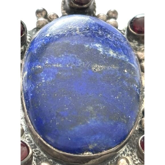 925 Sterling Silver Blue Lapis Red Coral Garnet Ornate Oval Pendant Native 40g - Picture 11 of 11